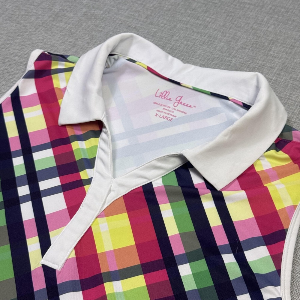 Lillie Green Sleeveless V-Neck Golf Polo Womens XL Multicolor Plaid Activewear